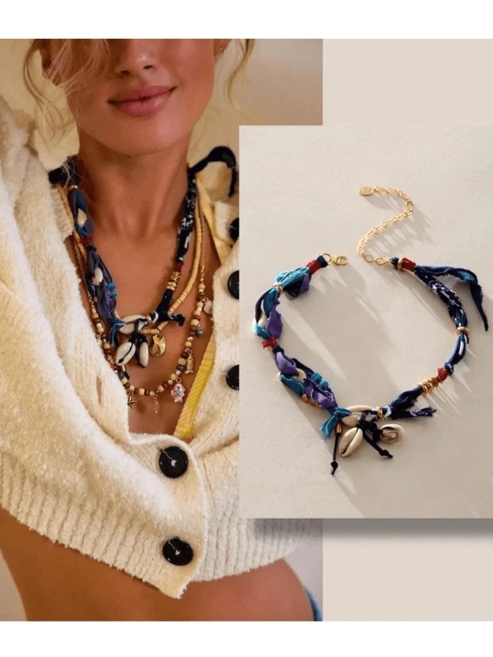 NWT Free People x Ariana Ost Alpha Choker Necklace Boho Fabric & Shell